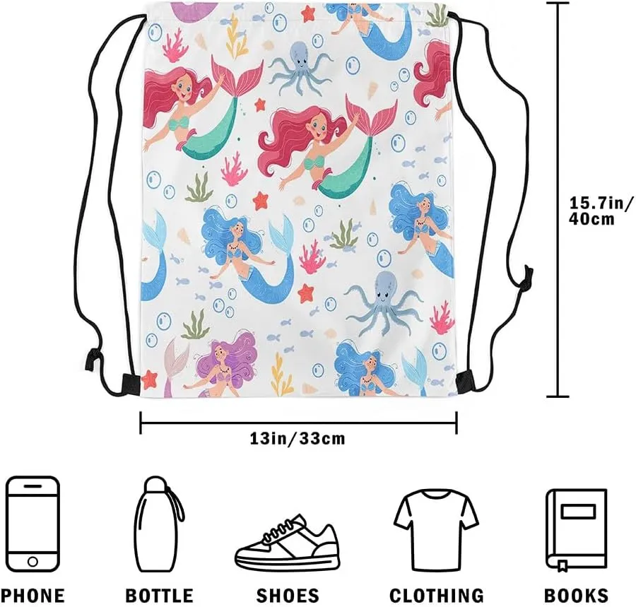 Erosebridal Mermaid Drawstring Backpack 13 x 15.7 inch for Traveling,Pink Mermaid Fish Drawstring Bag,Summer Ocean Sealife Draw String Back Bag,Coastal Mermaid Tail String Backpack Waterproof