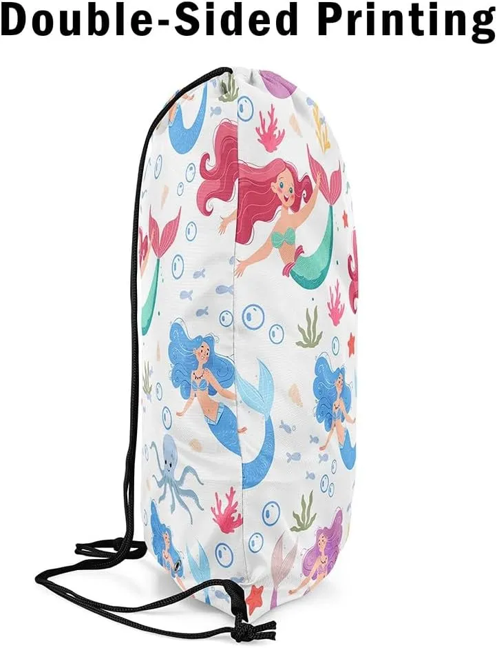 Erosebridal Mermaid Drawstring Backpack 13 x 15.7 inch for Traveling,Pink Mermaid Fish Drawstring Bag,Summer Ocean Sealife Draw String Back Bag,Coastal Mermaid Tail String Backpack Waterproof