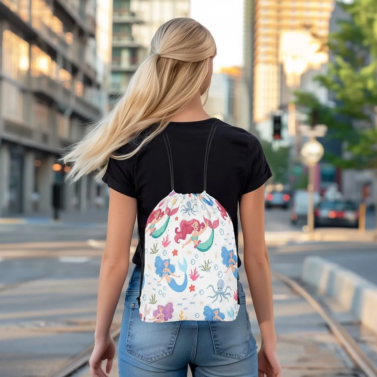 Erosebridal Mermaid Drawstring Backpack 13 x 15.7 inch for Traveling,Pink Mermaid Fish Drawstring Bag,Summer Ocean Sealife Draw String Back Bag,Coastal Mermaid Tail String Backpack Waterproof