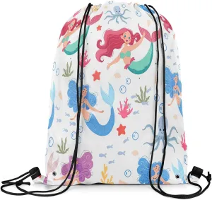 Erosebridal Mermaid Drawstring Backpack 13 x 15.7 inch for Traveling,Pink Mermaid Fish Drawstring Bag,Summer Ocean Sealife Draw String Back Bag,Coastal Mermaid Tail String Backpack Waterproof