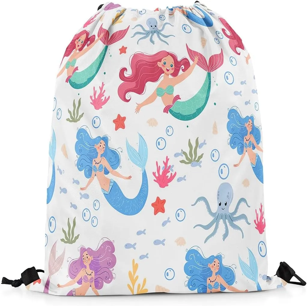 Erosebridal Mermaid Drawstring Backpack 13 x 15.7 inch for Traveling,Pink Mermaid Fish Drawstring Bag,Summer Ocean Sealife Draw String Back Bag,Coastal Mermaid Tail String Backpack Waterproof