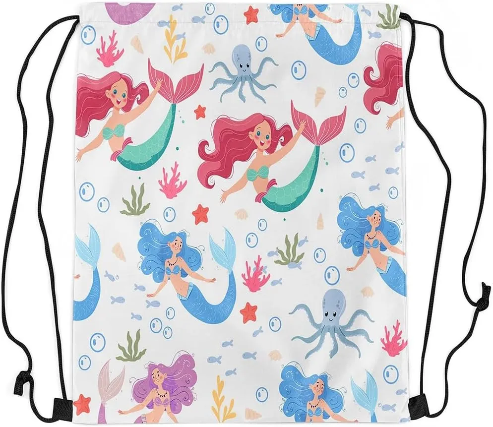 Erosebridal Mermaid Drawstring Backpack 13 x 15.7 inch for Traveling,Pink Mermaid Fish Drawstring Bag,Summer Ocean Sealife Draw String Back Bag,Coastal Mermaid Tail String Backpack Waterproof