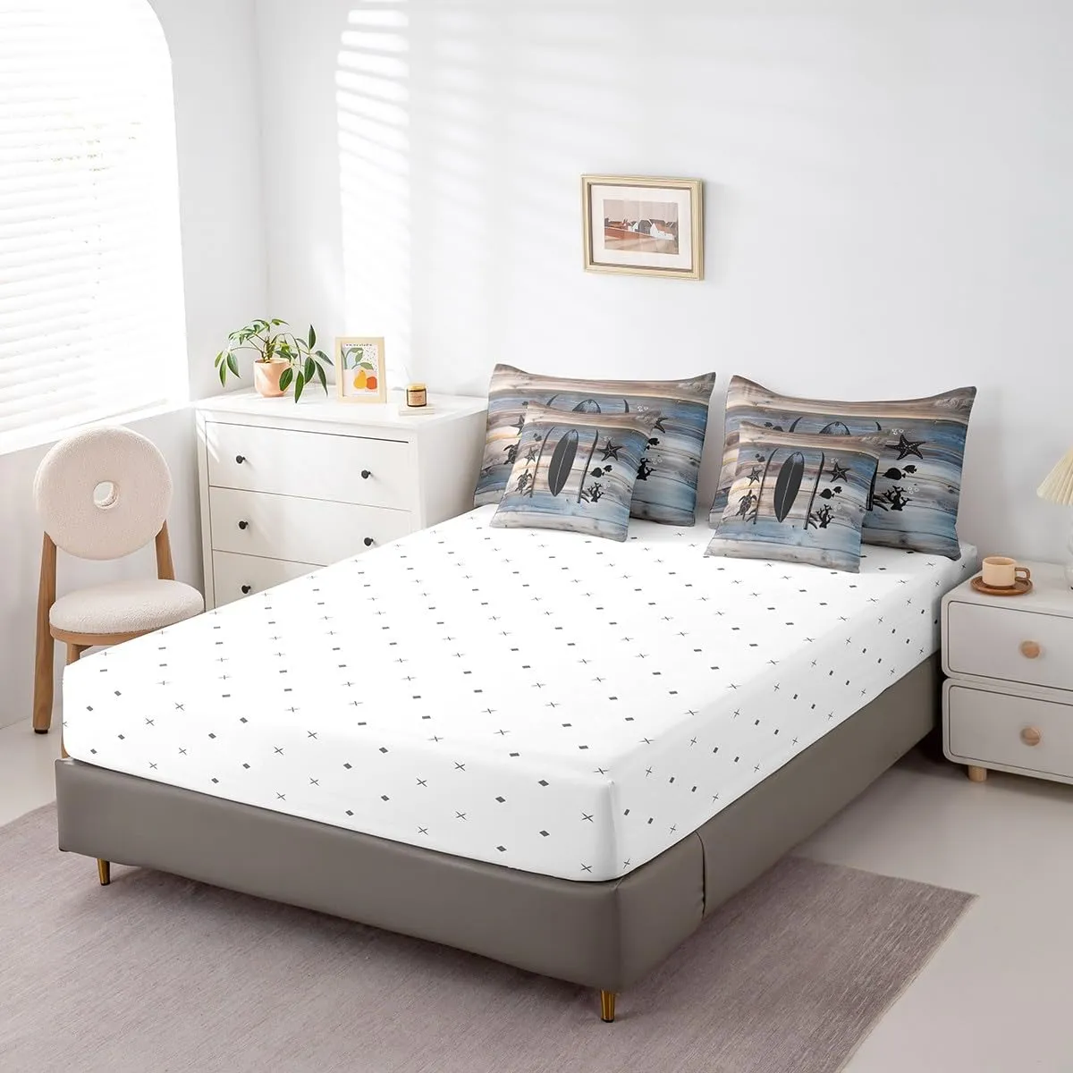 Erosebridal Nautical Bed in A Bag Full Size,Tropical Coastal Starfish Turtle Fish Comforter Set for Kids,Lake Surfboard Bedding Sets,Rustic Wooden Barn Door Quilt with Flat Fitted Sheet,Pillow Covers