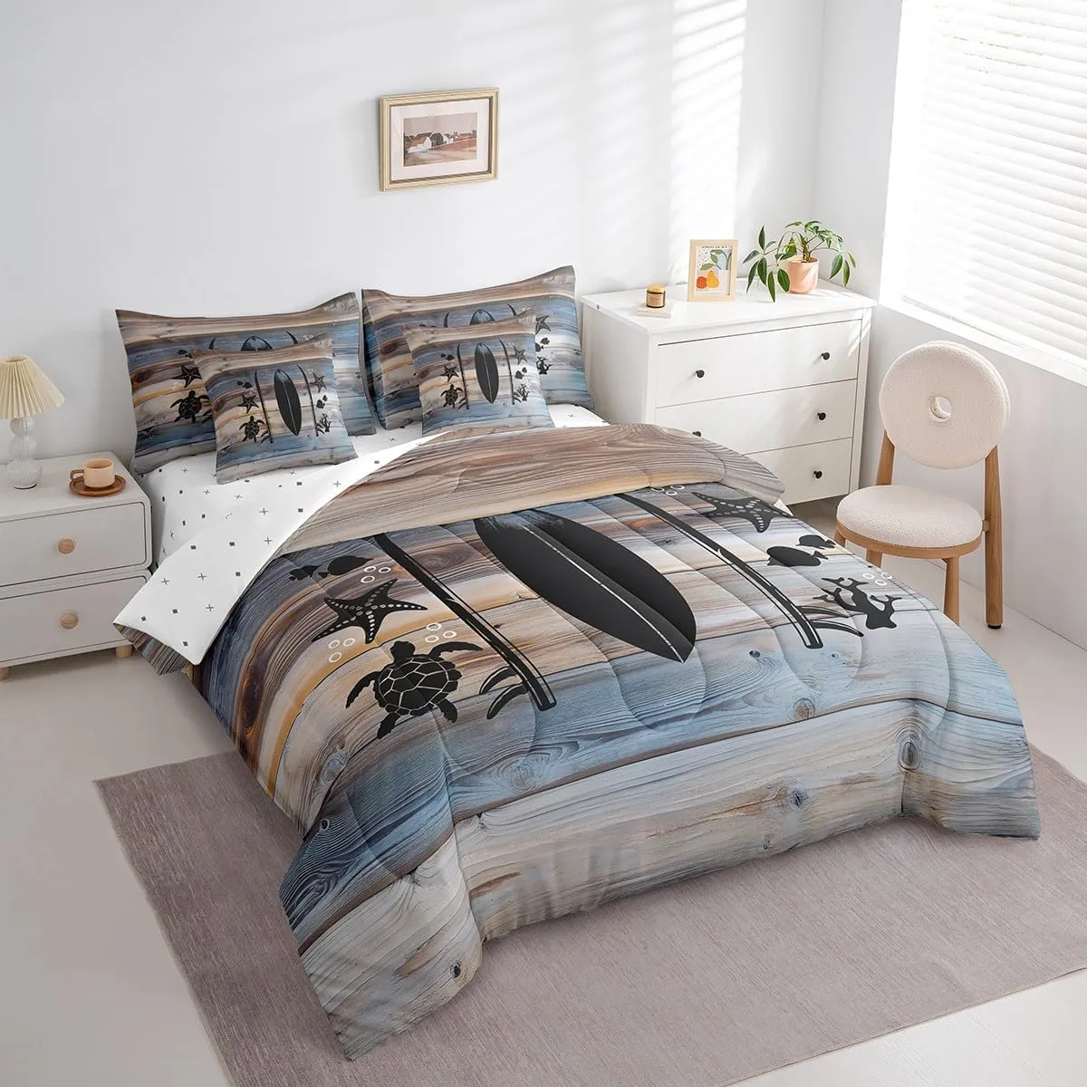 Erosebridal Nautical Bed in A Bag Full Size,Tropical Coastal Starfish Turtle Fish Comforter Set for Kids,Lake Surfboard Bedding Sets,Rustic Wooden Barn Door Quilt with Flat Fitted Sheet,Pillow Covers