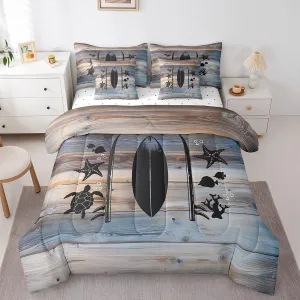 Erosebridal Nautical Bed in A Bag Full Size,Tropical Coastal Starfish Turtle Fish Comforter Set for Kids,Lake Surfboard Bedding Sets,Rustic Wooden Barn Door Quilt with Flat Fitted Sheet,Pillow Covers