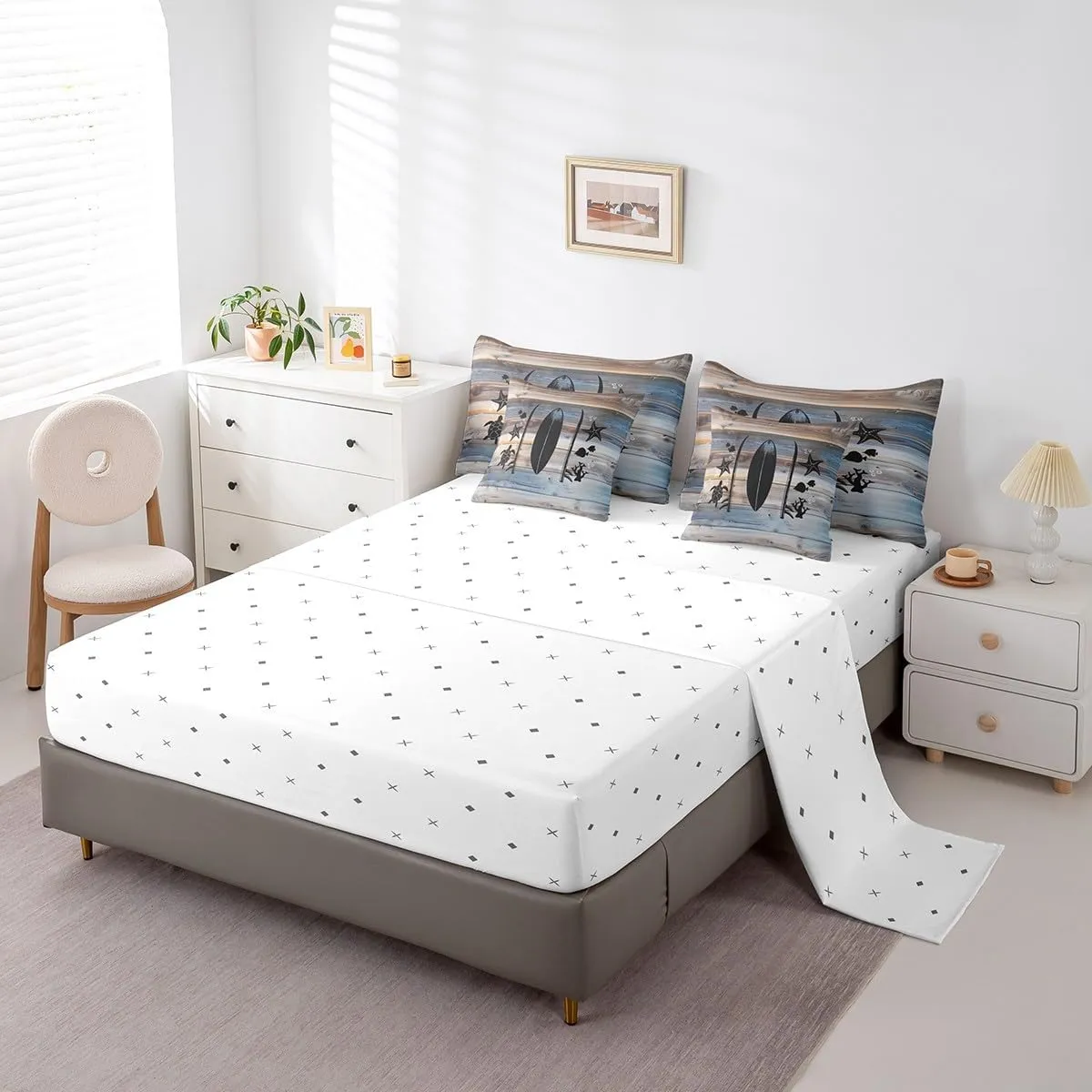Erosebridal Nautical Bed in A Bag Full Size,Tropical Coastal Starfish Turtle Fish Comforter Set for Kids,Lake Surfboard Bedding Sets,Rustic Wooden Barn Door Quilt with Flat Fitted Sheet,Pillow Covers