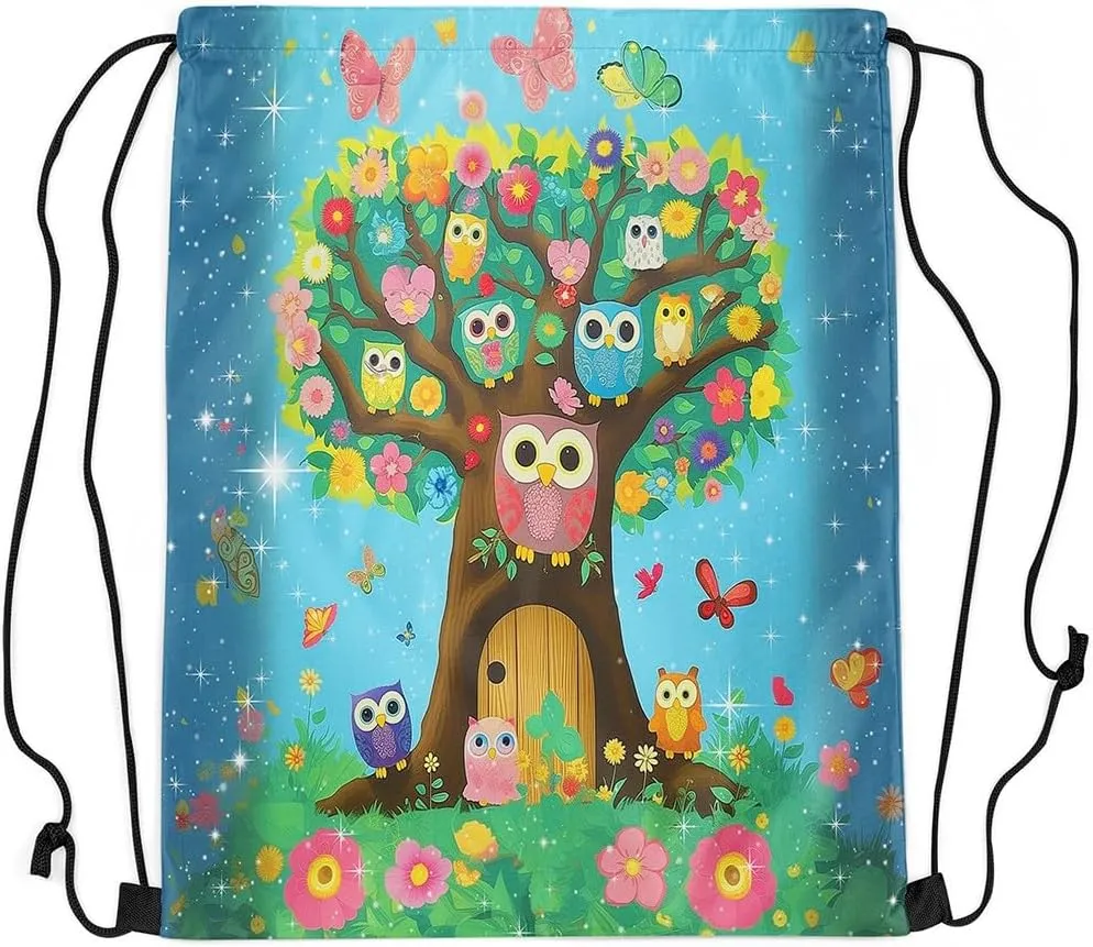 Erosebridal Owls 13x15.7 Drawstring Backpack,Colourful Flower Drawstring Bags,Cartoon Brown Tree Glitter Stars Kawaii Butterfly Draw String Back Bag,Nature Theme Wooden Door String Backpack