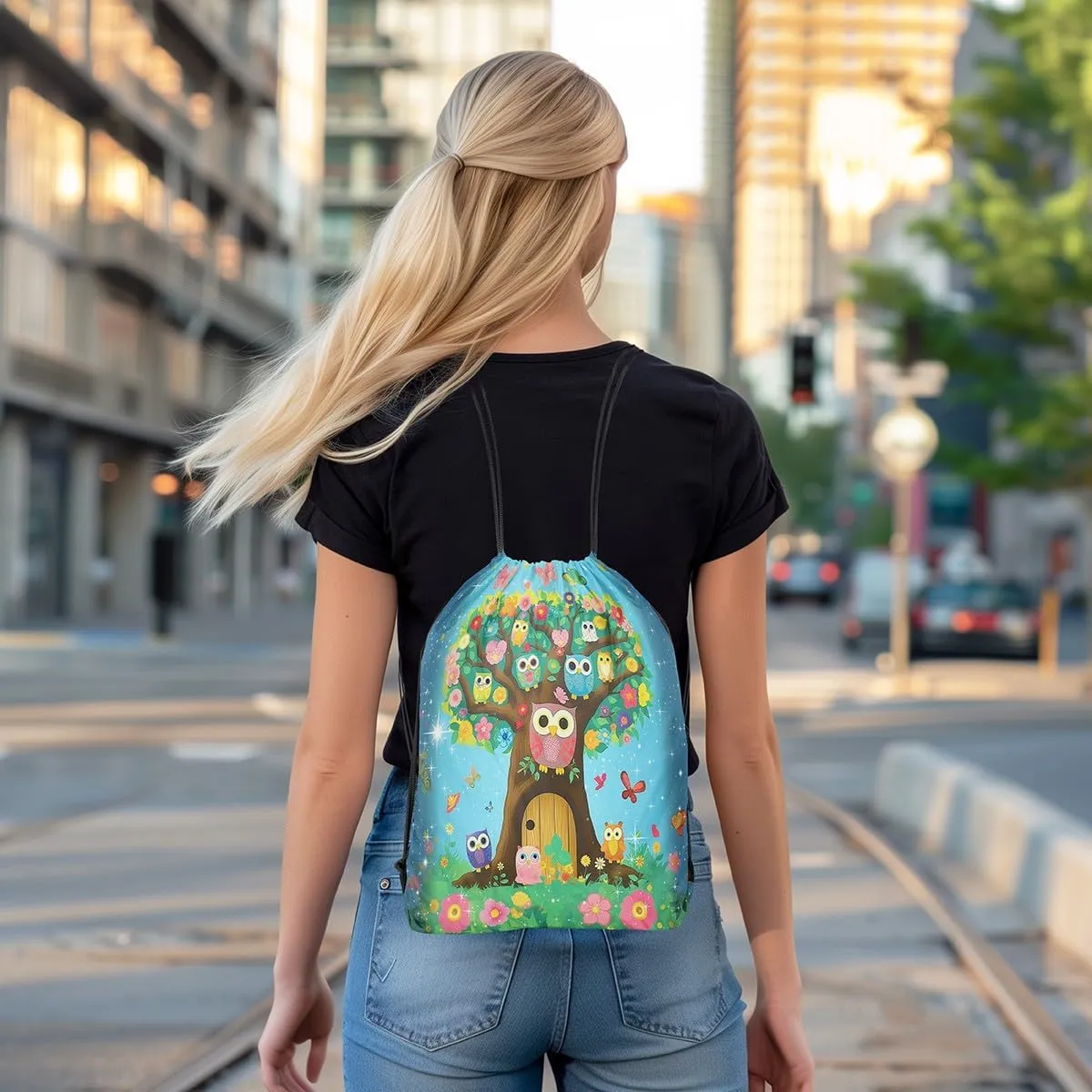 Erosebridal Owls 13x15.7 Drawstring Backpack,Colourful Flower Drawstring Bags,Cartoon Brown Tree Glitter Stars Kawaii Butterfly Draw String Back Bag,Nature Theme Wooden Door String Backpack