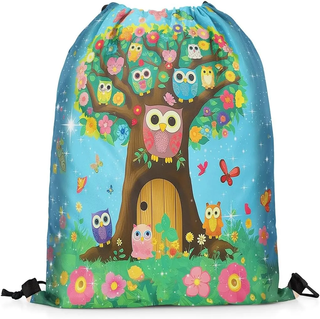 Erosebridal Owls 13x15.7 Drawstring Backpack,Colourful Flower Drawstring Bags,Cartoon Brown Tree Glitter Stars Kawaii Butterfly Draw String Back Bag,Nature Theme Wooden Door String Backpack