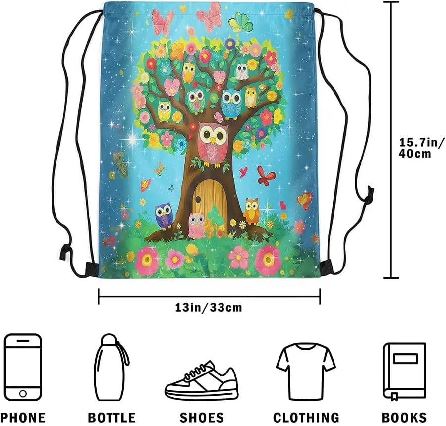 Erosebridal Owls 13x15.7 Drawstring Backpack,Colourful Flower Drawstring Bags,Cartoon Brown Tree Glitter Stars Kawaii Butterfly Draw String Back Bag,Nature Theme Wooden Door String Backpack
