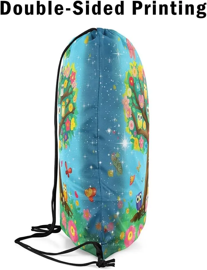 Erosebridal Owls 13x15.7 Drawstring Backpack,Colourful Flower Drawstring Bags,Cartoon Brown Tree Glitter Stars Kawaii Butterfly Draw String Back Bag,Nature Theme Wooden Door String Backpack