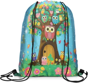 Erosebridal Owls 13x15.7 Drawstring Backpack,Colourful Flower Drawstring Bags,Cartoon Brown Tree Glitter Stars Kawaii Butterfly Draw String Back Bag,Nature Theme Wooden Door String Backpack