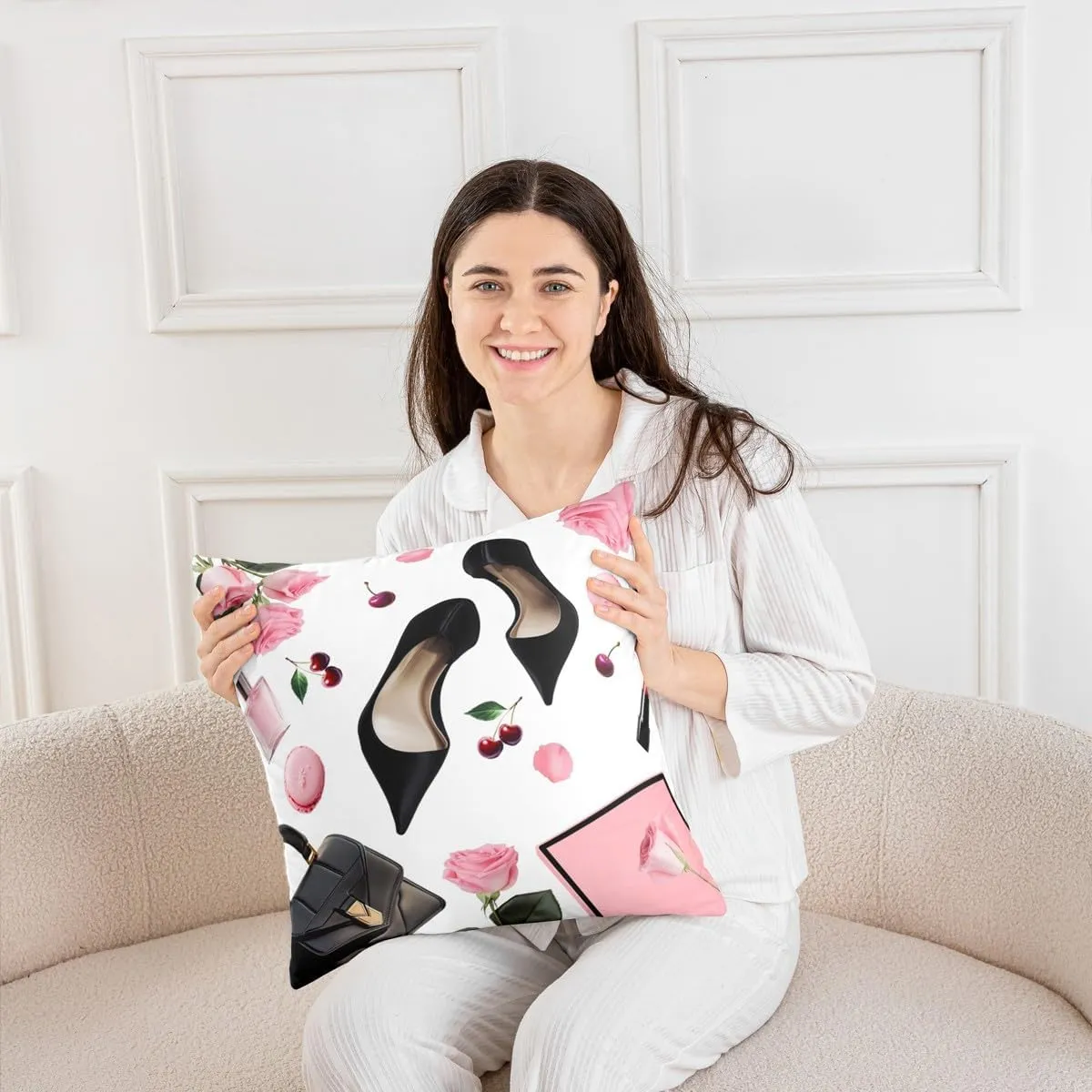 Erosebridal Pack of 4 High Heel Throw Pillow Covers 18x18 Inch Handbag Cushion Covers for Girls Women Macarons Rose Cherry Fantasy Pink Black Cushion Cases Soft Decorative Pillowcases