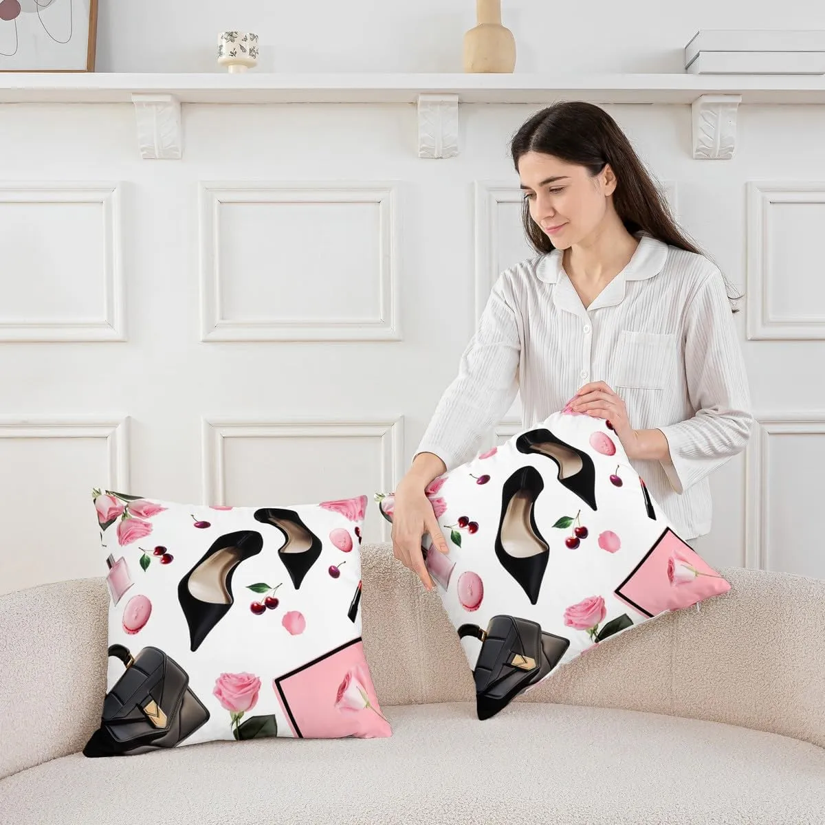Erosebridal Pack of 4 High Heel Throw Pillow Covers 18x18 Inch Handbag Cushion Covers for Girls Women Macarons Rose Cherry Fantasy Pink Black Cushion Cases Soft Decorative Pillowcases