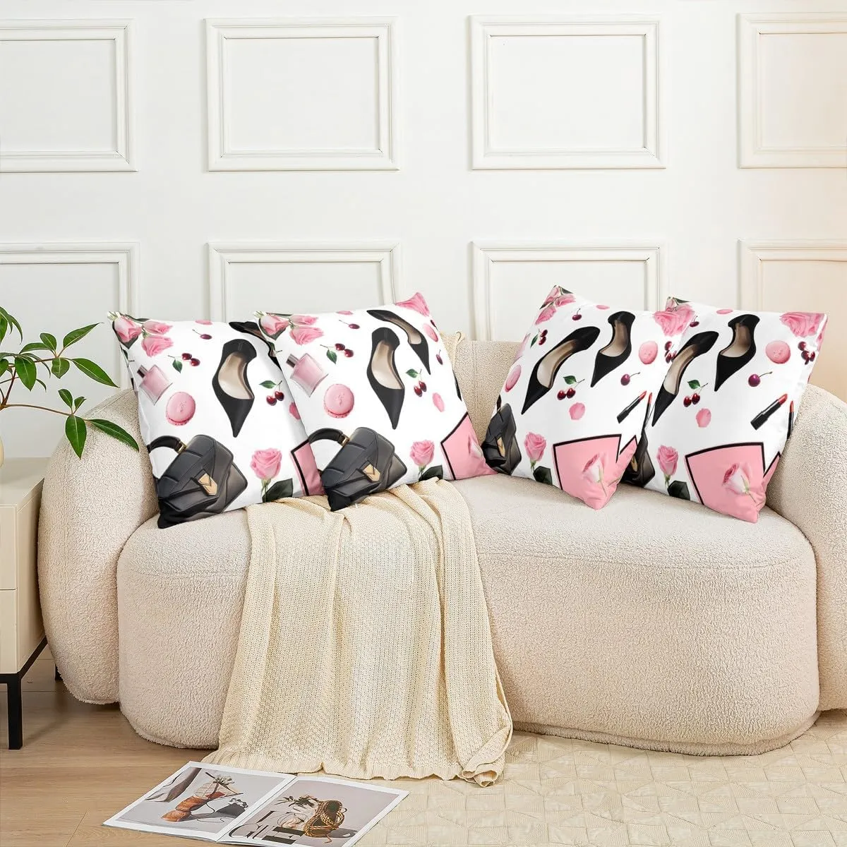 Erosebridal Pack of 4 High Heel Throw Pillow Covers 18x18 Inch Handbag Cushion Covers for Girls Women Macarons Rose Cherry Fantasy Pink Black Cushion Cases Soft Decorative Pillowcases