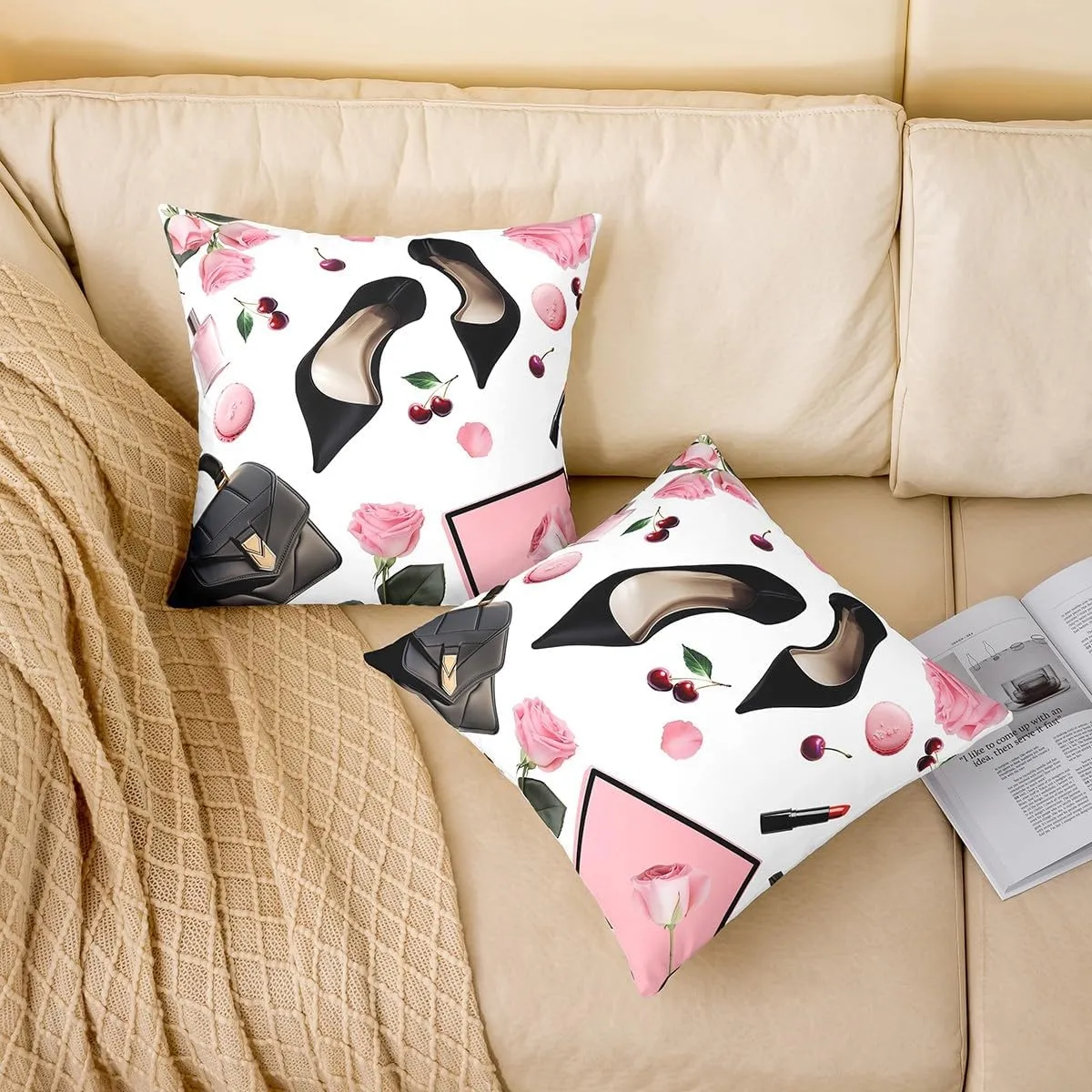 Erosebridal Pack of 4 High Heel Throw Pillow Covers 18x18 Inch Handbag Cushion Covers for Girls Women Macarons Rose Cherry Fantasy Pink Black Cushion Cases Soft Decorative Pillowcases