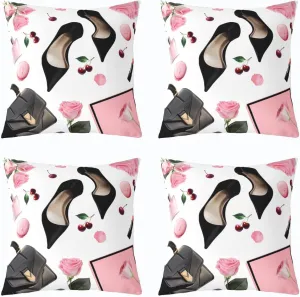 Erosebridal Pack of 4 High Heel Throw Pillow Covers 18x18 Inch Handbag Cushion Covers for Girls Women Macarons Rose Cherry Fantasy Pink Black Cushion Cases Soft Decorative Pillowcases