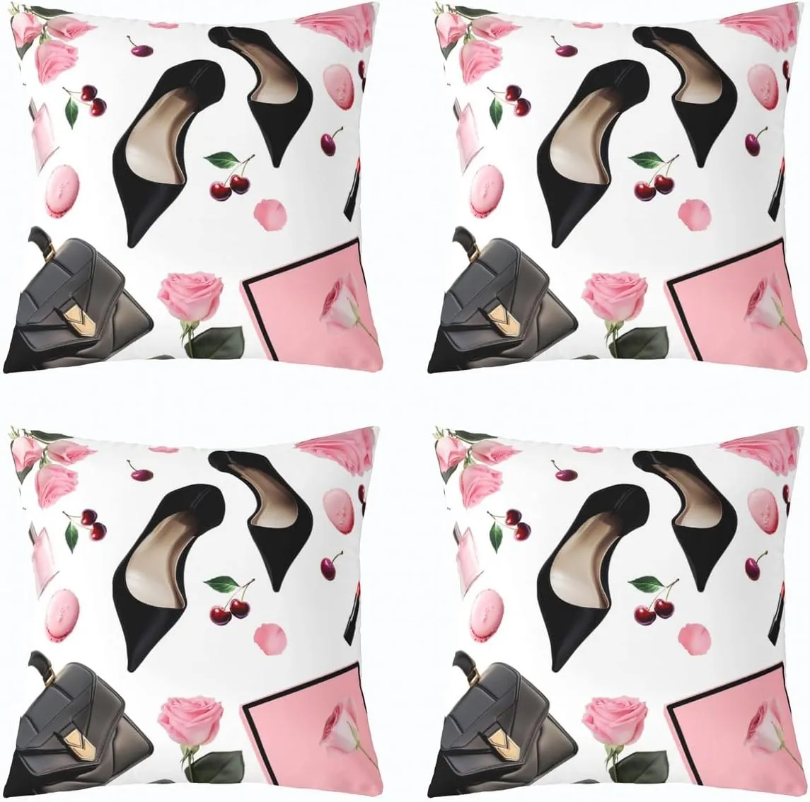 Erosebridal Pack of 4 High Heel Throw Pillow Covers 18x18 Inch Handbag Cushion Covers for Girls Women Macarons Rose Cherry Fantasy Pink Black Cushion Cases Soft Decorative Pillowcases