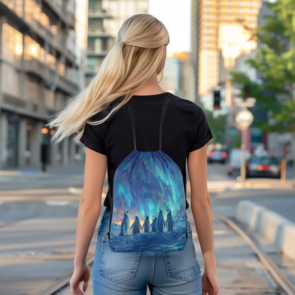 Erosebridal Penguin Drawstring Bags 3D Penguin Print Draw String Back Bag 13X15.7 Cute Antarctic Animals String Backpack Teal Blue Sky Cinch Bag Iceberg Galaxy Landscape Drawstring Backpack