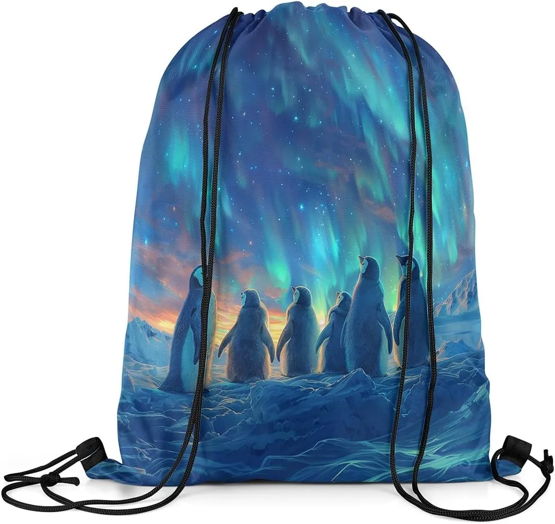Erosebridal Penguin Drawstring Bags 3D Penguin Print Draw String Back Bag 13X15.7 Cute Antarctic Animals String Backpack Teal Blue Sky Cinch Bag Iceberg Galaxy Landscape Drawstring Backpack