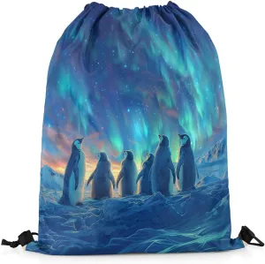 Erosebridal Penguin Drawstring Bags 3D Penguin Print Draw String Back Bag 13X15.7 Cute Antarctic Animals String Backpack Teal Blue Sky Cinch Bag Iceberg Galaxy Landscape Drawstring Backpack