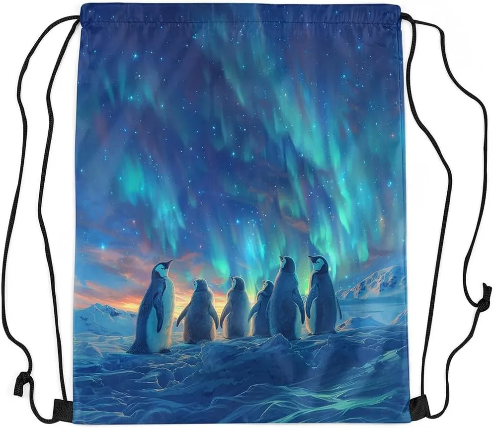 Erosebridal Penguin Drawstring Bags 3D Penguin Print Draw String Back Bag 13X15.7 Cute Antarctic Animals String Backpack Teal Blue Sky Cinch Bag Iceberg Galaxy Landscape Drawstring Backpack