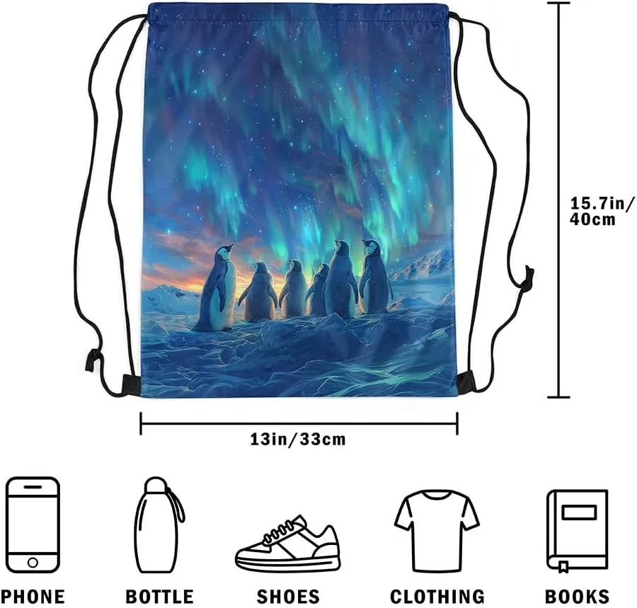 Erosebridal Penguin Drawstring Bags 3D Penguin Print Draw String Back Bag 13X15.7 Cute Antarctic Animals String Backpack Teal Blue Sky Cinch Bag Iceberg Galaxy Landscape Drawstring Backpack