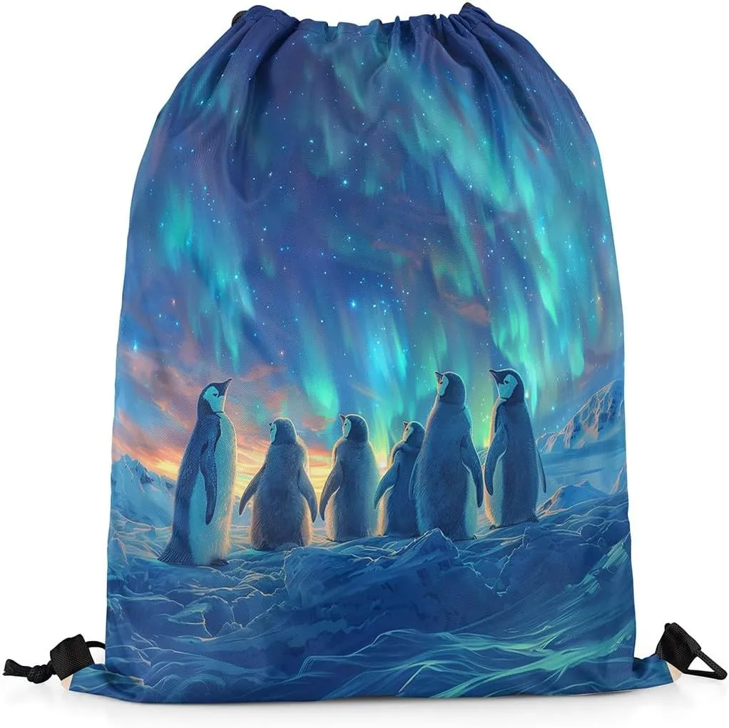 Erosebridal Penguin Drawstring Bags 3D Penguin Print Draw String Back Bag 13X15.7 Cute Antarctic Animals String Backpack Teal Blue Sky Cinch Bag Iceberg Galaxy Landscape Drawstring Backpack