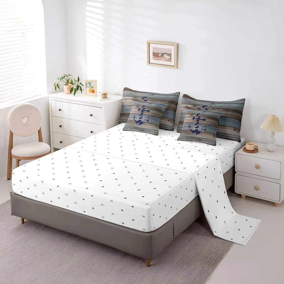 Erosebridal Rustic Wooden Plank Comforter Set Queen,Summer Anchor Bed in A Bag,Farm Style Lake Themed Bedding Sets(1 Comforter,2 Pillowcases,1 Flat Sheet,1 Fitted Sheet,2 Throw Pillow Covers)
