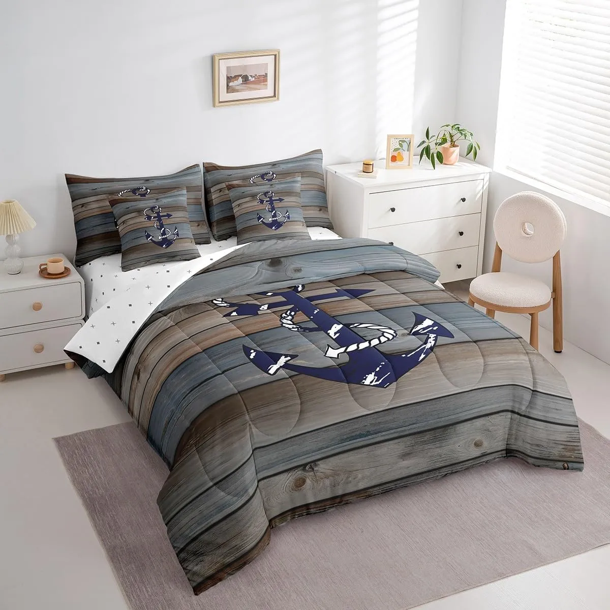 Erosebridal Rustic Wooden Plank Comforter Set Queen,Summer Anchor Bed in A Bag,Farm Style Lake Themed Bedding Sets(1 Comforter,2 Pillowcases,1 Flat Sheet,1 Fitted Sheet,2 Throw Pillow Covers)