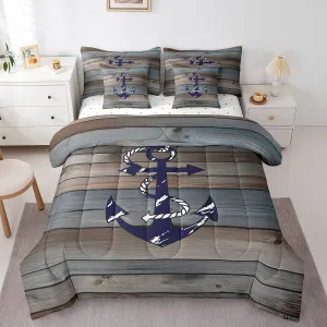 Erosebridal Rustic Wooden Plank Comforter Set Queen,Summer Anchor Bed in A Bag,Farm Style Lake Themed Bedding Sets(1 Comforter,2 Pillowcases,1 Flat Sheet,1 Fitted Sheet,2 Throw Pillow Covers)