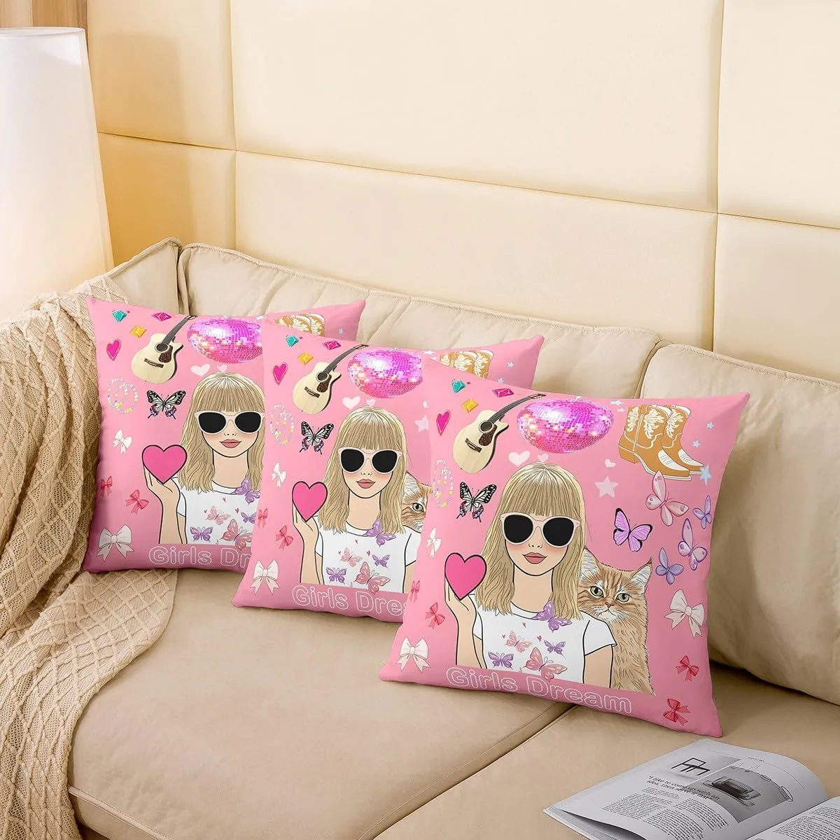 Erosebridal Set of 2 Pink Music Themed 24x24 Throw Pillow Covers, Disco Ball Guitar Soft Cushion Covers for Kids Boys Girls, Cowgirl Boot Cushion Cases, Cute Bow Butterfly Decorative Pillowcases