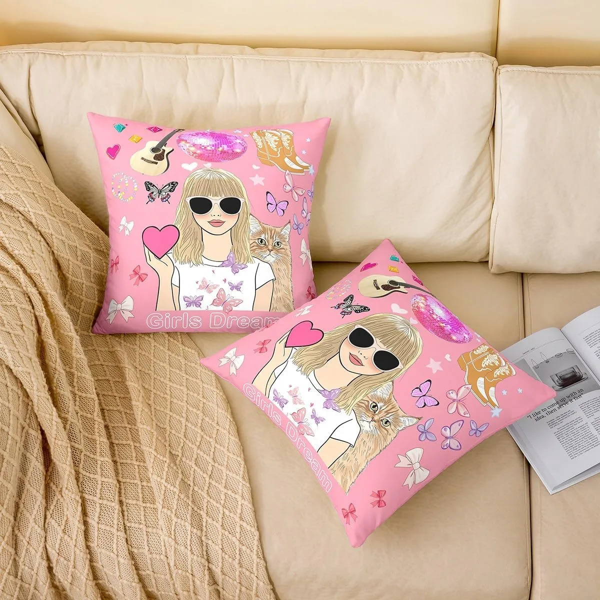 Erosebridal Set of 2 Pink Music Themed 24x24 Throw Pillow Covers, Disco Ball Guitar Soft Cushion Covers for Kids Boys Girls, Cowgirl Boot Cushion Cases, Cute Bow Butterfly Decorative Pillowcases