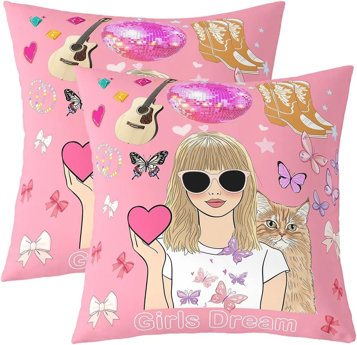 Erosebridal Set of 2 Pink Music Themed 24x24 Throw Pillow Covers, Disco Ball Guitar Soft Cushion Covers for Kids Boys Girls, Cowgirl Boot Cushion Cases, Cute Bow Butterfly Decorative Pillowcases