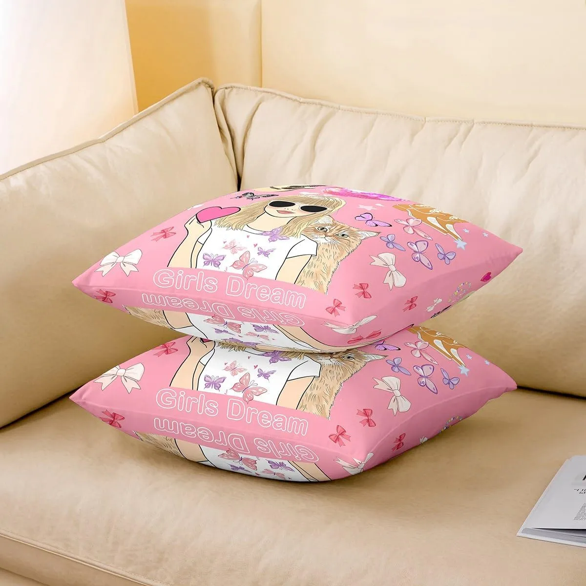 Erosebridal Set of 2 Pink Music Themed 24x24 Throw Pillow Covers, Disco Ball Guitar Soft Cushion Covers for Kids Boys Girls, Cowgirl Boot Cushion Cases, Cute Bow Butterfly Decorative Pillowcases