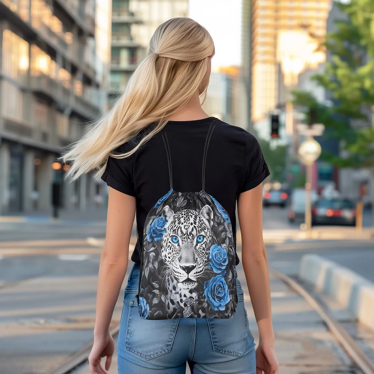 Erosebridal Sport Gym Tiger Drawstring Backpack,Blue Rose Flower Floral Draw String Back Bag,Swim Yoga Jungle Wildlife Safari Animal Drawstring Bags,Romantic Valentine String Backpack,13x15.7