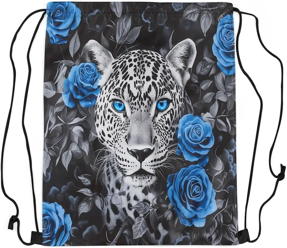 Erosebridal Sport Gym Tiger Drawstring Backpack,Blue Rose Flower Floral Draw String Back Bag,Swim Yoga Jungle Wildlife Safari Animal Drawstring Bags,Romantic Valentine String Backpack,13x15.7