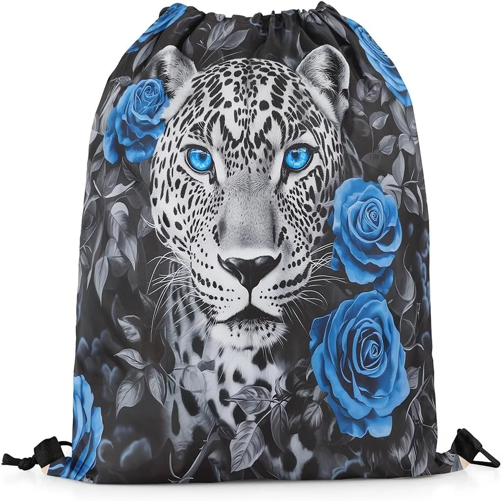 Erosebridal Sport Gym Tiger Drawstring Backpack,Blue Rose Flower Floral Draw String Back Bag,Swim Yoga Jungle Wildlife Safari Animal Drawstring Bags,Romantic Valentine String Backpack,13x15.7