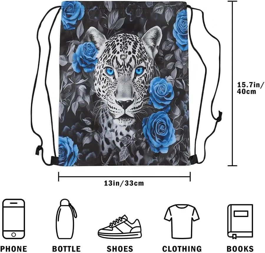 Erosebridal Sport Gym Tiger Drawstring Backpack,Blue Rose Flower Floral Draw String Back Bag,Swim Yoga Jungle Wildlife Safari Animal Drawstring Bags,Romantic Valentine String Backpack,13x15.7