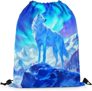 Erosebridal White Wolf Drawstring Backpack,Dreamy Aurora Starry Sky Stars Galaxy String Backpack,Natural Iceberg Draw String Back Bag,Wild Safari Animal Print Drawstring Bags,13x15.7