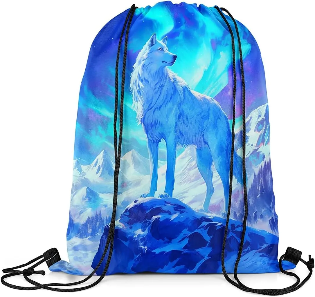 Erosebridal White Wolf Drawstring Backpack,Dreamy Aurora Starry Sky Stars Galaxy String Backpack,Natural Iceberg Draw String Back Bag,Wild Safari Animal Print Drawstring Bags,13x15.7