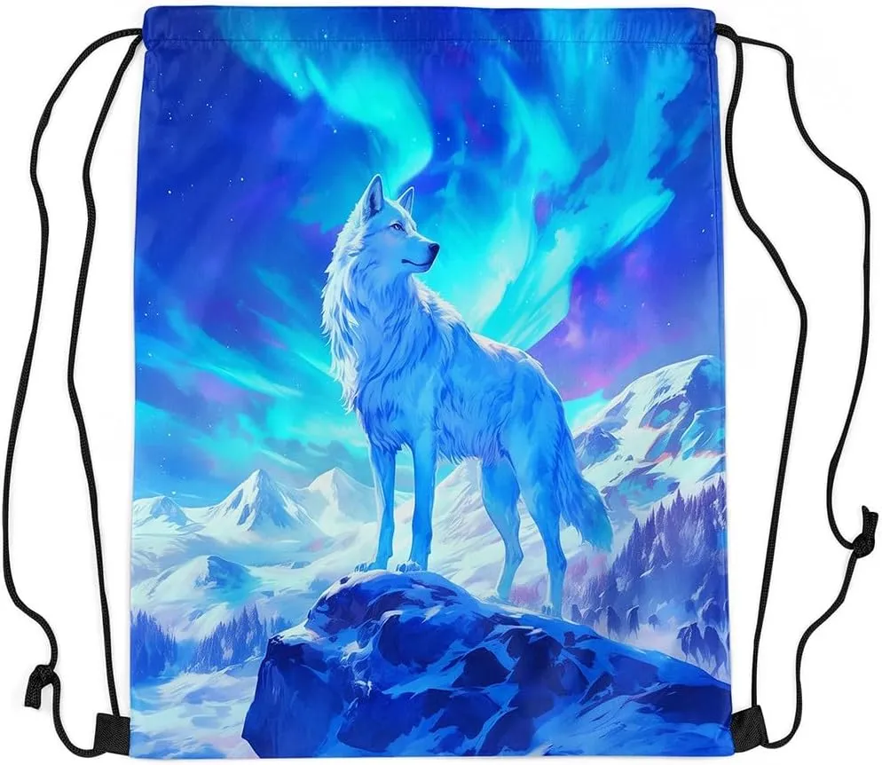 Erosebridal White Wolf Drawstring Backpack,Dreamy Aurora Starry Sky Stars Galaxy String Backpack,Natural Iceberg Draw String Back Bag,Wild Safari Animal Print Drawstring Bags,13x15.7