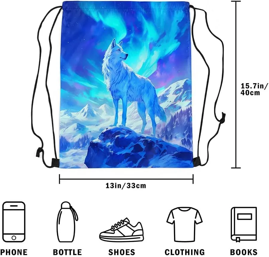 Erosebridal White Wolf Drawstring Backpack,Dreamy Aurora Starry Sky Stars Galaxy String Backpack,Natural Iceberg Draw String Back Bag,Wild Safari Animal Print Drawstring Bags,13x15.7