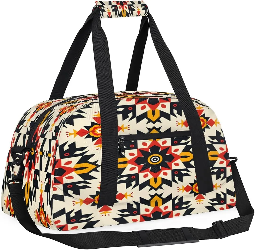 Ethnic Ceramic Mandala Kids Overnighter Duffel Bags for Boys, Carry-On Size Sports Gym Bag with Front Zipper Pocket for School Practice or Overnight Travel Weekender Sleepover Tote Bag