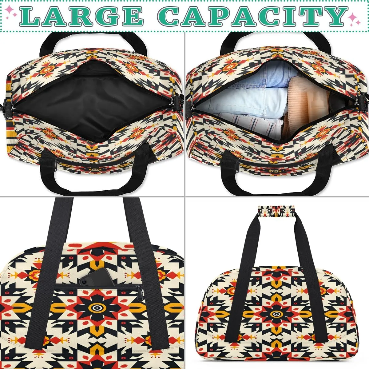 Ethnic Ceramic Mandala Kids Overnighter Duffel Bags for Boys, Carry-On Size Sports Gym Bag with Front Zipper Pocket for School Practice or Overnight Travel Weekender Sleepover Tote Bag