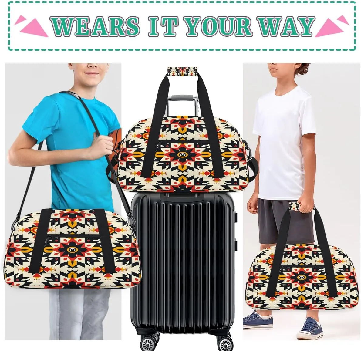 Ethnic Ceramic Mandala Kids Overnighter Duffel Bags for Boys, Carry-On Size Sports Gym Bag with Front Zipper Pocket for School Practice or Overnight Travel Weekender Sleepover Tote Bag