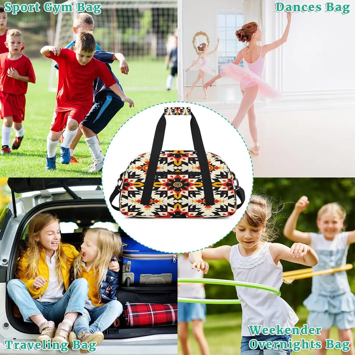 Ethnic Ceramic Mandala Kids Overnighter Duffel Bags for Boys, Carry-On Size Sports Gym Bag with Front Zipper Pocket for School Practice or Overnight Travel Weekender Sleepover Tote Bag