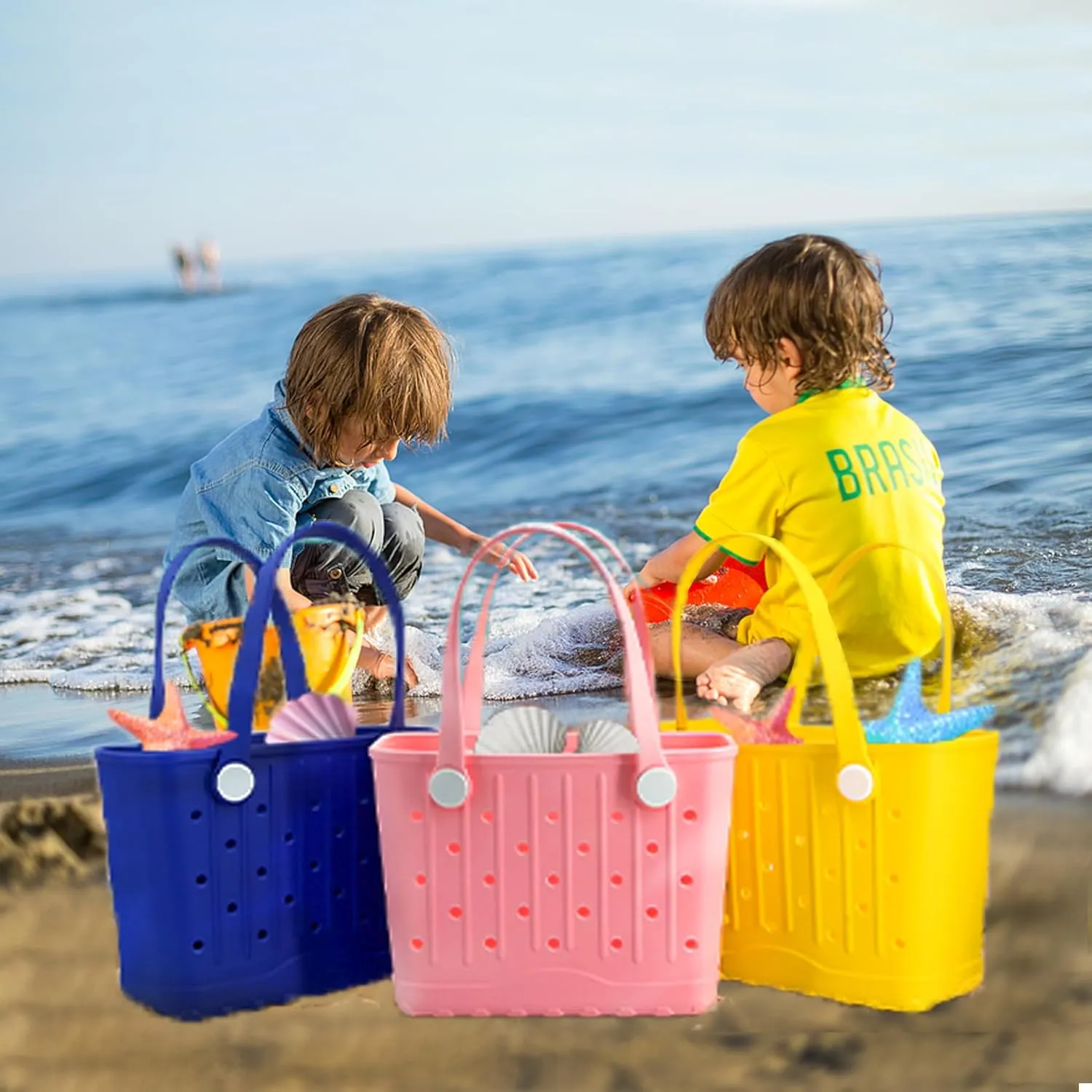 EVA Waterproof Rubber Beach Bag Sandproof Compact Tote for Women Men, Lightweight Rubber Travel Handbag for Pool, Gym