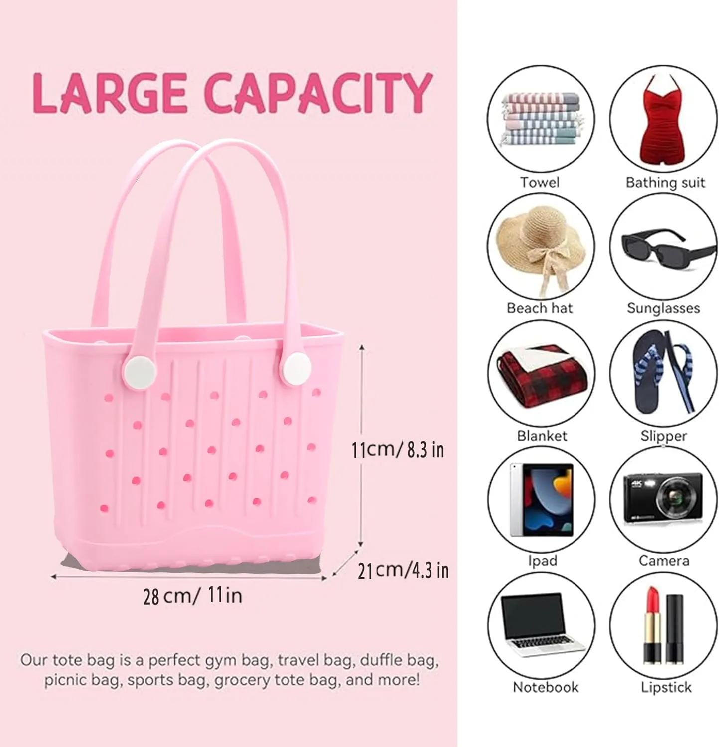 EVA Waterproof Rubber Beach Bag Sandproof Compact Tote for Women Men, Lightweight Rubber Travel Handbag for Pool, Gym