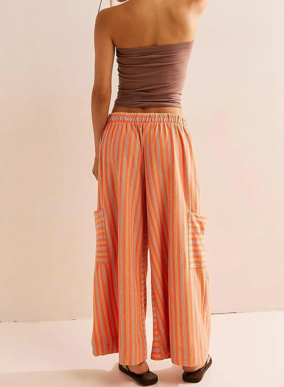 EVALESS Women Palazzo Pants Summer Casual Wide Leg High Waist Lounge Flowy Beach Striped Trousers Travel Vacation Outfits